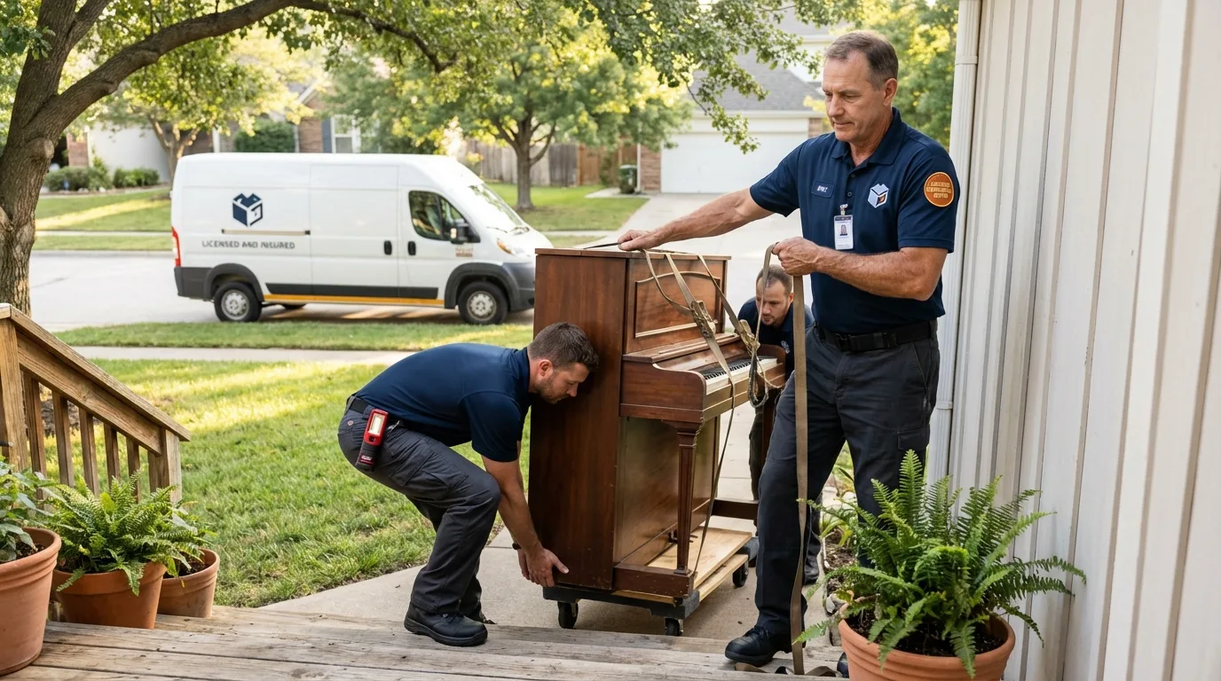 Licensed piano movers securing grand piano in Winnett, MT