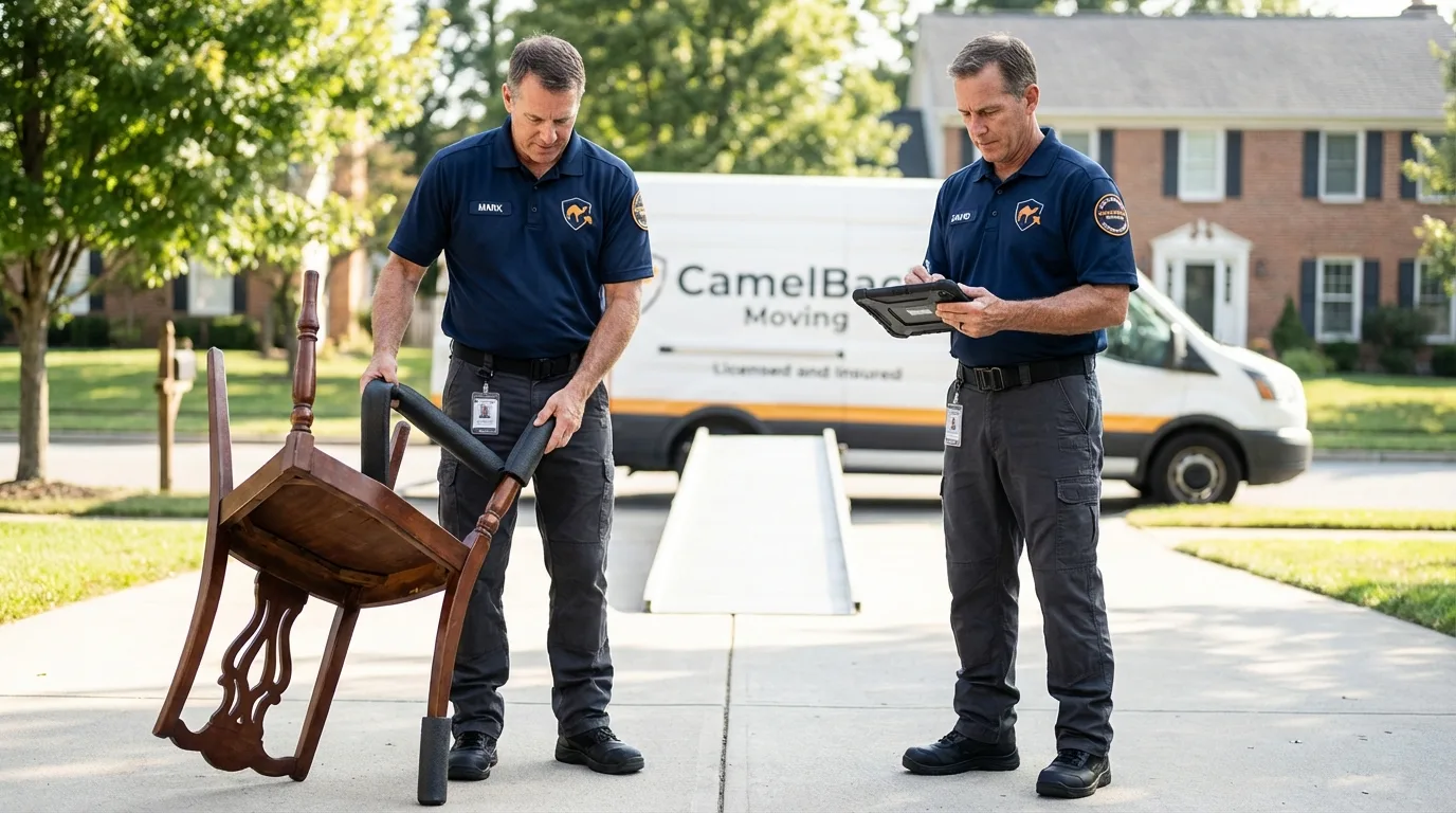 Movers inspecting furniture for damage prevention before loading in Winnett, MT
