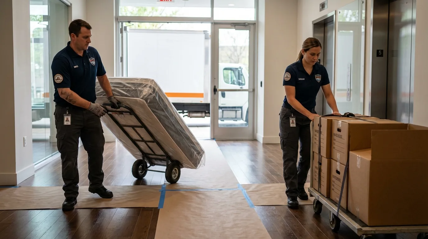 Professional apartment movers loading elevator in Winnett, MT