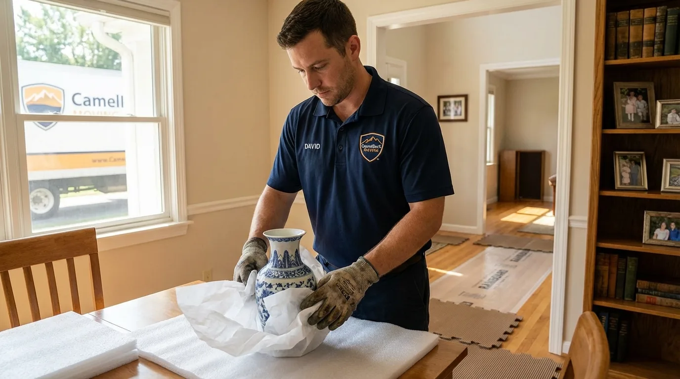 Professional crew carefully wrapping antique vase for senior downsizing move in Winnett, MT